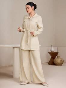 Graceveil Bộ 2 món áo khoác cổ đứng có dây rút điều chỉnh dành cho nữ và quần in họa tiết. - Màu be - Xem 5