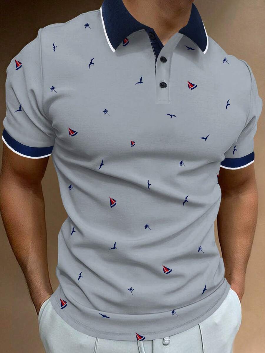 Calvornis 男士休閒海鷗印花短袖 Polo 衫,夏季深藍色學院風高爾夫 Polo,圖案老錢風度假假期海灘夏威夷婚禮儀式 - 灰色 - 查看 1