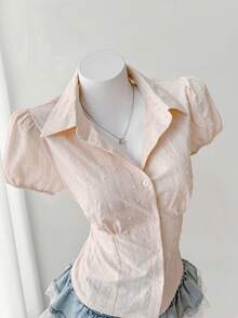 Sweetra 法式甜美泡泡袖粉色100%纯棉提花梭织镂空设计收腰夏季女式衬衫 - 粉色 - 查看 3