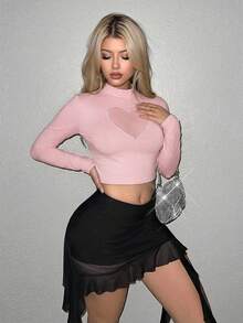 Sweetina Y2k Black Mock Neck Heart Mesh Insert Club Crop Tee - Pink - View 3