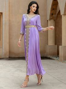 SHEIN Najma Layered Chiffon Elegant Lace Maxi Dress, Light Purple, Long Sleeve - Mauve Purple - View 5