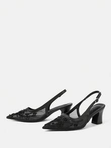 CUCCOO HITCHD 女士鞋履春夏网面珍珠装饰尖头粗跟时尚女鞋纯色女式高跟鞋日常通勤约会派对 - 黑色A - 查看 3