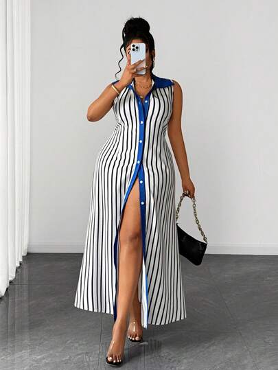 Maweii Plus Size Women Striped Single-Breasted Casual Sleeveless Shirt Dress
