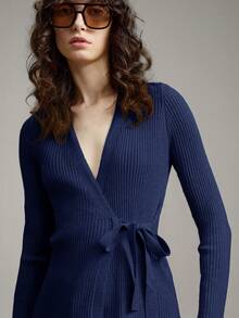 Ontre Áo khoác cardigan dệt kim gân sọc buộc dây phía trước dành cho nữ, kiểu dáng tối giản thanh lịch, phù hợp cho công sở, đi làm, đi dạy, mùa hè. - Màu xanh hải quân - Xem 5