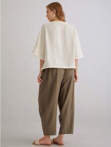 Parysyn Áo kiểu nữ cỡ lớn dáng rộng, màu trơn, thoải mái, cổ tròn, vai rớt, tay cánh dơi, áo tunic nữ mùa hè, áo kiểu kín đáo mùa hè, size S nữ, size S nữ, size S nữ, áo mùa hè nữ, áo mùa hè nữ, áo mùa hè nữ - Màu be - Xem 3