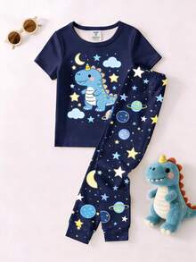 一套夜光太空恐龙印花针织弹力圆领上衣和全印花打底裤睡衣套装，适合小男孩，可作为儿童礼物 - 寶藍色 - 查看 3