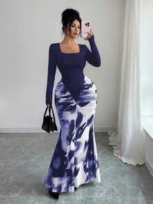 SHEIN Elenzya Đầm dự tiệc ôm sát người tay dài cổ vuông, xếp ly, in họa tiết phối màu dành cho nữ. - Màu xanh hải quân - Xem 6