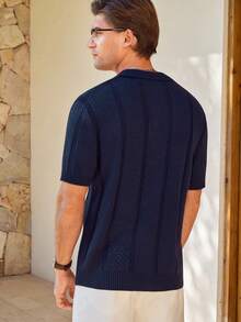 Manfinity CityGents Men's Summer Vacation Embroidered Detail Short Sleeve Knit Top - Navy Blue - View 3