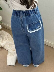 DAZY 少女字母刺绣撞色蕾丝松紧腰宽松休闲牛仔裤 - 藍色 - 查看 6