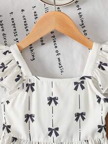 Young Girl Casual Everyday Flare Sleeve Bow Tie Back Apricot Butterfly Print Dress - Apricot - View 3