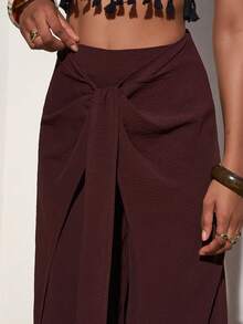 Zivah 春夏新品上市，适合生日派对、毕业季、日常出行、休闲度假、邮轮旅行、海滩日光浴、网络热销、圣诞节、休闲优雅、通勤聚会等各种场合。采用系带设计，阔腿裤型，女士褶皱纹理面料，棕色裤子-A - 棕色 - 查看 5