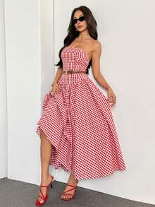 SHEIN PETITE 女士红色露肩格子舞会礼服 A 字无袖褶皱及踝正式晚礼服约会长裙太阳裙长款格纹连衣裙女士度假裙野餐裙,情人节 - 紅色 - 查看 10
