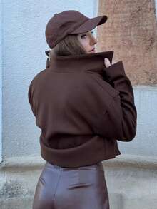 Jeta Ari Women's Casual Solid Color Cropped Jacket, Versatile For Autumn - Coffee Brown - View 2