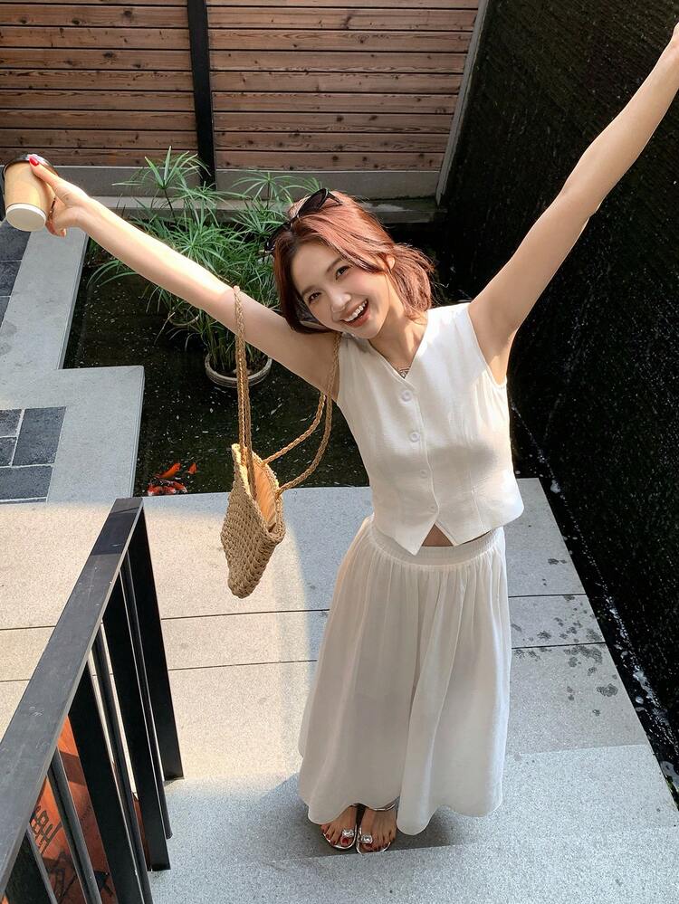 Women's Solid Color Collar Two Pieces Vacation Set