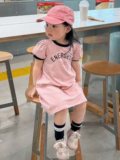DAZY Toddler Girls' Round Neck Contrast Color Korean Style English Letter Casual Straight Dress