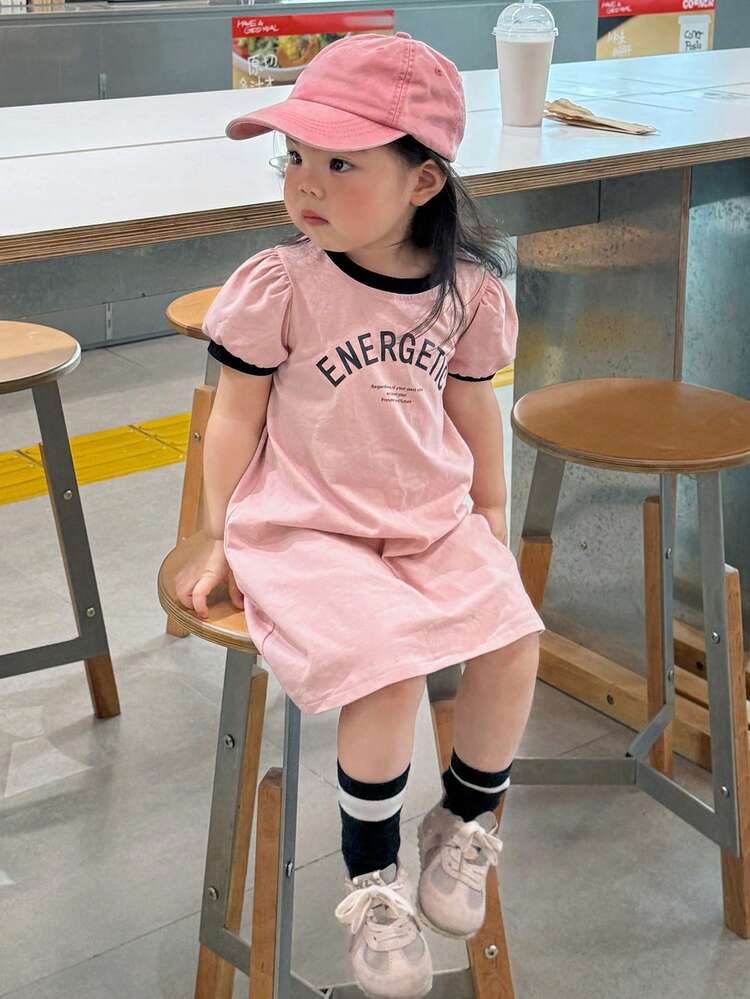Baby Girls' Round Neck Contrast Color Korean Style English Letter Casual Straight Dress Summer Toddler Girls Clothes