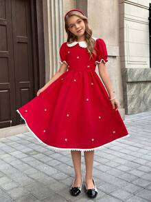 1pc Girls' Solid Red Lace Trim Collar Puff Sleeve Princess Dress With Extra-Large Skirt Hem, A-Line Silhouette, Sweet & Cute Fashion Dress Suitable For Parties And Gatherings - Red - View 6