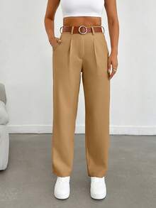 EURMUSE 女士纯色褶皱直筒宽松日常休闲通勤长裤 - 駝色 - 查看 6