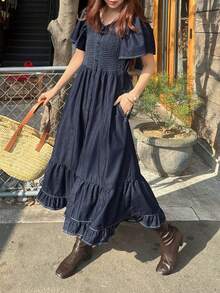 FRIFUL Women's Round Neck Ruffle Short Sleeve Single-Breasted Casual Denim Dress - Blue - View 6