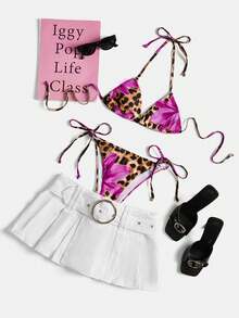 Swim Glamine 2 piezas Conjunto de bikini sexy con cordones y estampado floral y de leopardo para mujer - Morado Violeta - Ver 7