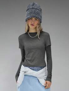 COUREZ 双层长袖针织衫/Y2K长袖上衣 外出上衣 女式上衣 冬季女装 灰色上衣 性感可爱女式上衣 - 灰色 - 查看 4