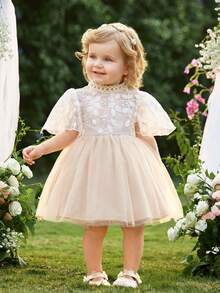 Cute Baby Girls Flared Long Dress With Puff Sleeves And Stand Collar Elegant Apricot Baby Dress - Apricot - View 2