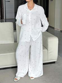 Dazy Plus Bộ đồ ngủ dài tay rộng rãi in hình trái tim và quần dài, cỡ lớn dành cho nữ, thích hợp cho mùa xuân/thu. - trắng - Xem 8