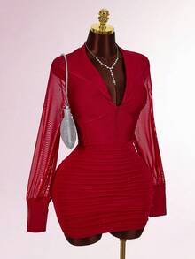 Amplova Plus Size Solid Color V-Neck Waist Fitted Bodycon Dress For Women - Red - View 6