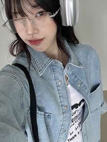 DAZY Áo sơ mi dài tay denim màu trơn dành cho nữ, áo kiểu rộng rãi, áo khoác mỏng mặc ngoài. - Rửa nhẹ - Xem 7