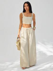 SHEIN PETITE New Spring/Summer Vacation Casual Fishbone Strap Top And Wide Leg Pants With Pockets 2 Pieces Textured Fabric Set - B - Apricot - View 6