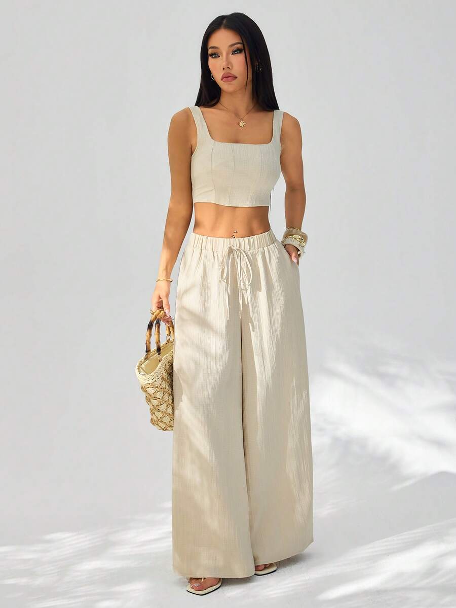 SHEIN PETITE New Spring/Summer Vacation Casual Fishbone Strap Top And Wide Leg Pants With Pockets 2 Pieces Textured Fabric Set - B - Apricot - View 1