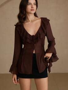 EMERY ROSE 女士咖啡巧克力色雪纺荷叶边优雅复古喇叭袖衬衫，适合度假、野餐、购物、约会、休闲和艺术聚会等场合。 - 鏽棕色 - 查看 4