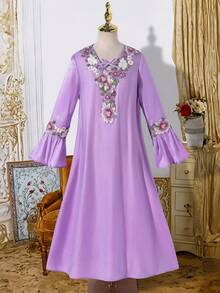 少女休闲可爱蝴蝶印花刺绣3D蝴蝶喇叭袖睡袍 - 紫色 - 查看 5