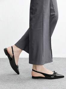 CUCCOO BIZCHIC Zapatos planos para mujer, mulas con punta puntiaguda de charol negro y lazo, diseño con tira trasera, textura suave, zapatos elegantes de oficina - Negro - Ver 3