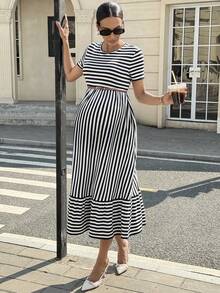 MaterniWear Maternity Striped Round Neck Short Sleeve Ruffle Hem Casual Dress - Blue and White - View 5