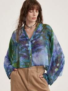 Aveloria Modichic Garden Print Flowy Loose Chiffon Cropped V-Neck Long Sleeve Blouse - Multicolor - View 3