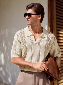 Manfinity RSRT 男士夏季度假纯色短袖镂空针织上衣 男士度假休闲宽松衬衫 男士衬衫套装 男士亚麻服装 - 杏色 - 查看 7