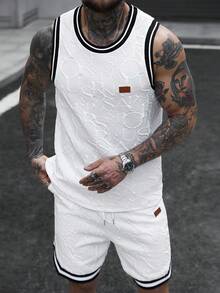 Manfinity CasualCool Men's Letter Embossed Crew Neck Tank Top And Drawstring Waist Shorts Casual Suit - White - View 1