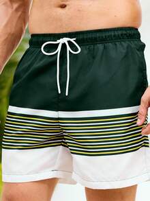 Manfinity KASUA Men's Striped Elastic Waist Drawstring Casual Beach Shorts, Versatile For Summer - Dark Green - View 4