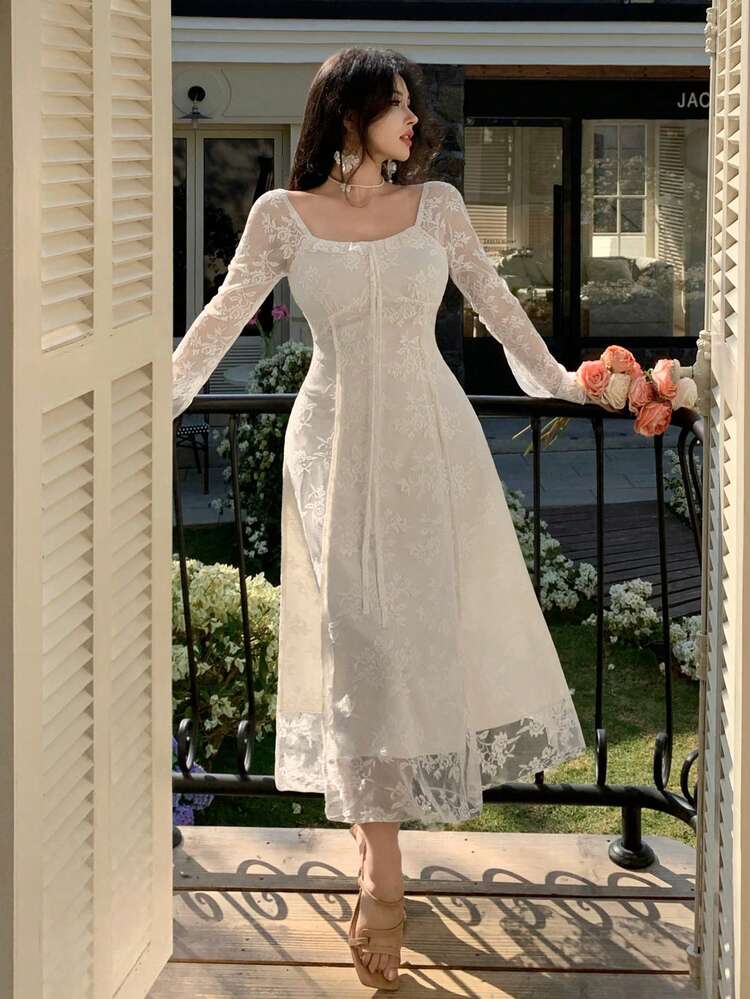 French Style Square Collar Lace Jacquard Dress, Waist Cinching, Slimming, Long Sleeve, Summer New Arrival