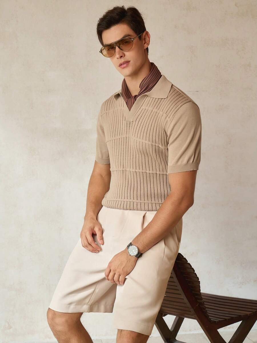 Manfinity Homme 男士休闲纯色短袖罗纹针织上衣,夏季卡其色上衣,男士V领罗纹短袖针织Polo衫 - 卡其色 - 查看 1