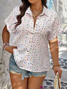 SHEIN LUNE 大码女式彩色爱心印花休闲度假衬衫，春夏款 - 彩色 - 查看 3