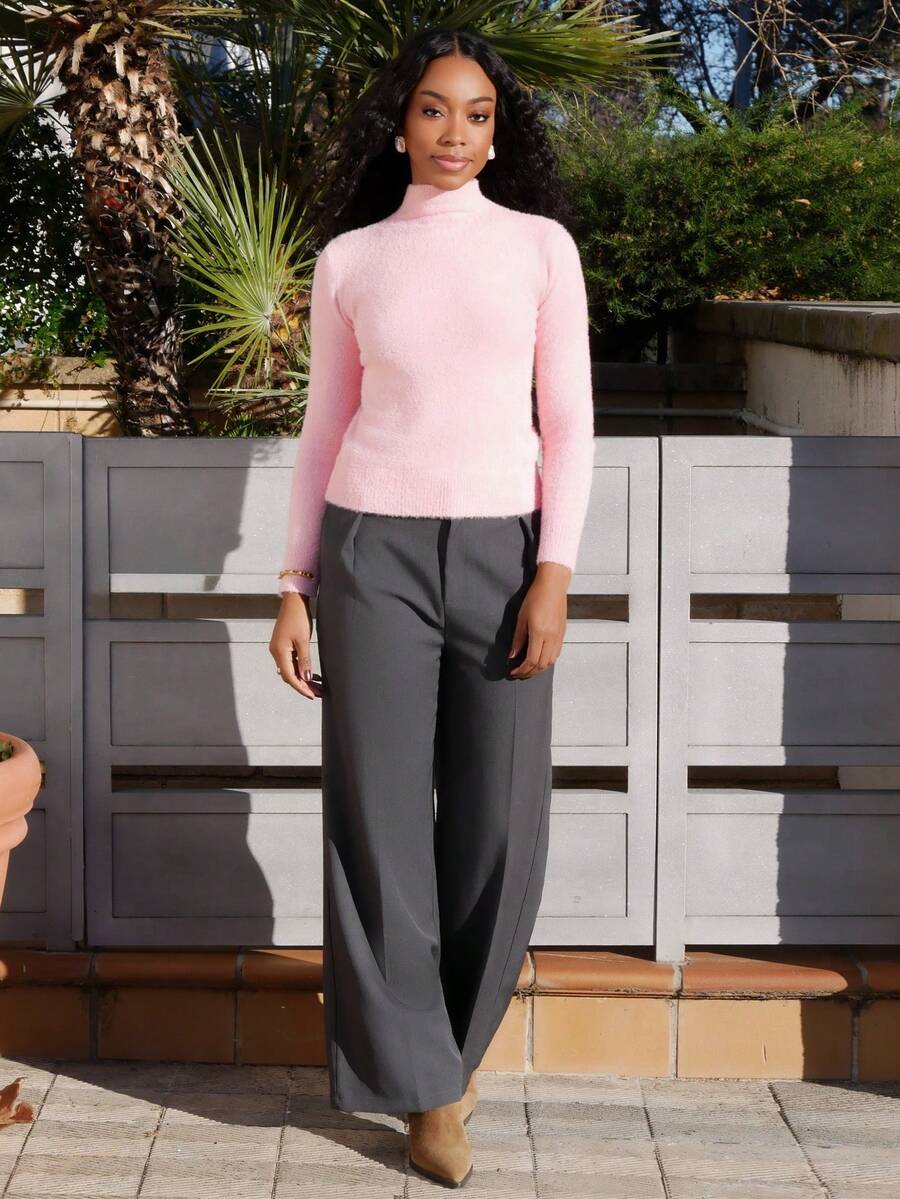 Yess Loren 女式高腰直筒褶皱长裤 - 深灰色 - 查看 1