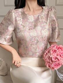 DAZY Women's Elegant Textured Loose Puff Sleeve Blouse - Pink - View 1