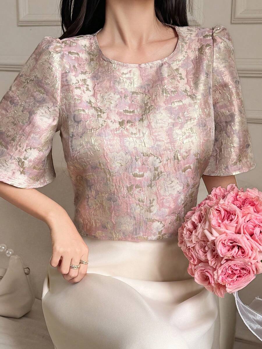 DAZY Women's Elegant Textured Loose Puff Sleeve Blouse - Pink - View 1