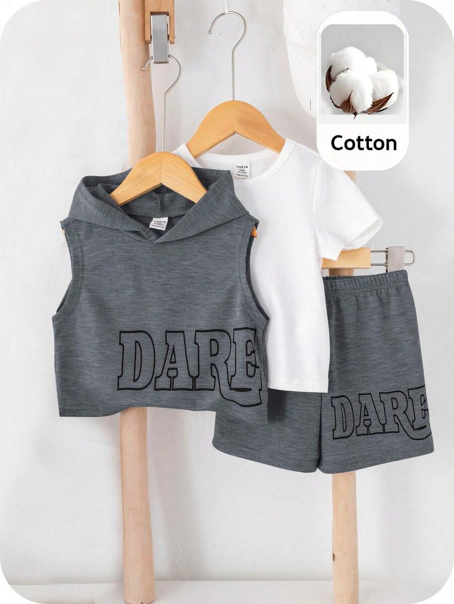 SHEIN 3 件套男婴/女婴套装:可爱刺绣连帽背心、宽松圆领短袖 T 恤和纯色短裤,春夏休闲装 - 深灰色 - 查看 1