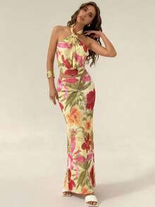 Aloruh 女士性感印花露背吊带上衣和半身裙两件套，度假装 - 黃色 - 查看 6