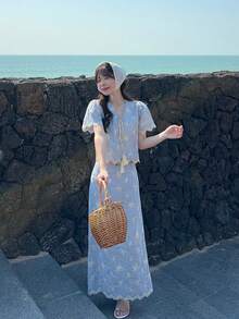 DAZY 女士条纹短泡泡袖流苏前系带上衣和半裙休闲两件套 - 藍色 - 查看 5