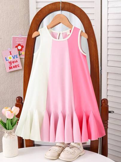 女童撞色不对称下摆无袖圆领连衣裙，粉色，百搭可爱，适合日常穿着，夏季