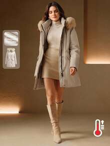 Anewsta 厚实长款蓬松毛领内衬收腰派克大衣，女式冬季夹克 - 米色 - 查看 7